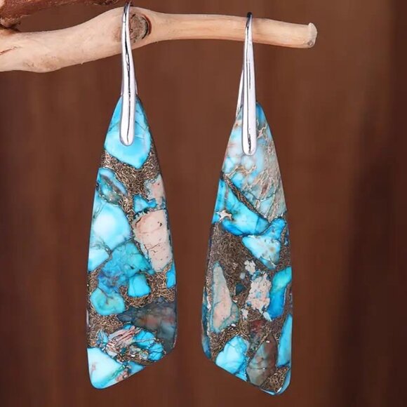 NATURAL IMPERIAL BLUE, TURQUOISE AND GOLD STONE LONG SILVERY #1 EARRINGS 15 - Picture 1 of 2